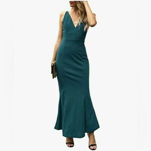 Mermaid Flare Fitted V-neck Maxi Dress In Teal Size M Manydress